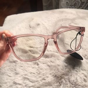 Quay Australia blue light blocking glasses in clear pink. Style hardwire